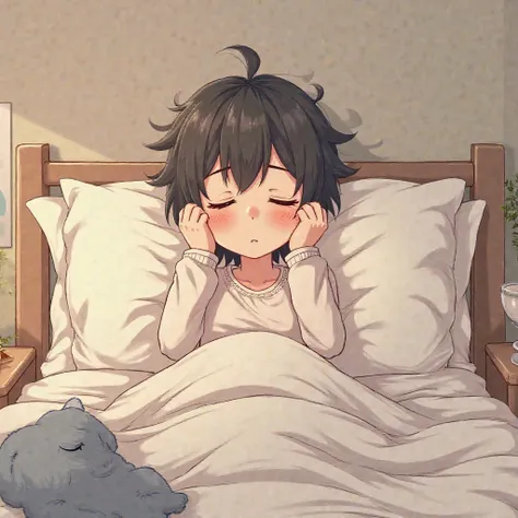 Give me picture of anime character just wake up from bed tired