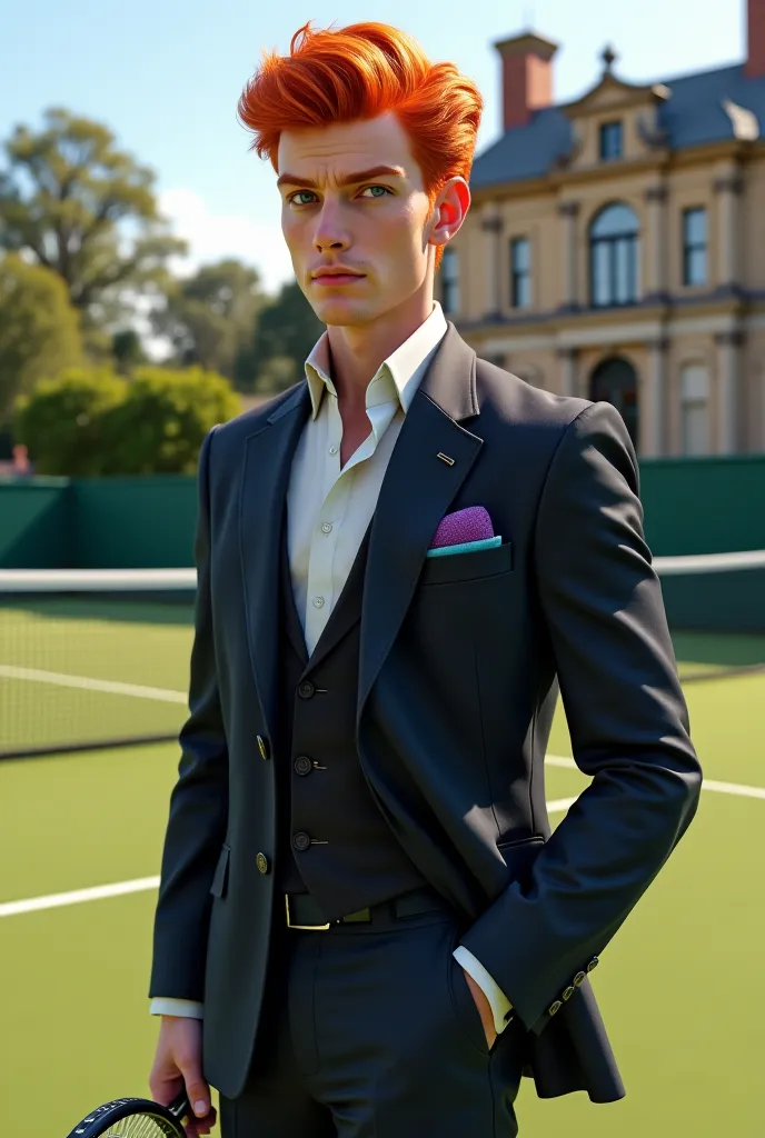 Draw a picture of a red-haired guy selling contraband, tailor ,playing tennis court