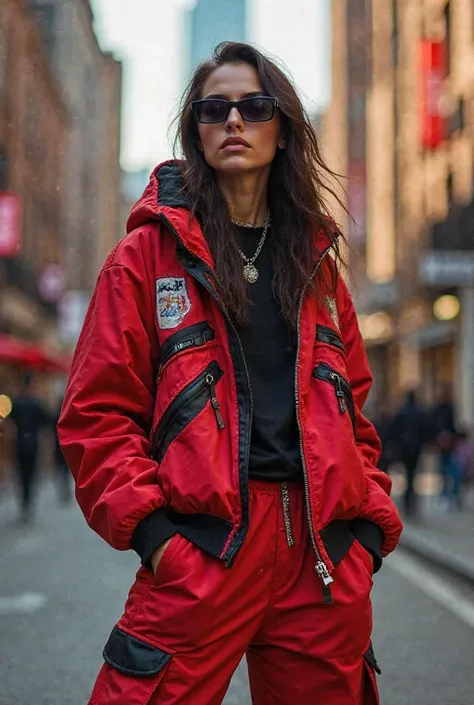 Un outfit pour femme rouge et noir avec un baggy et un pull large dans le style américain rappeur 2000