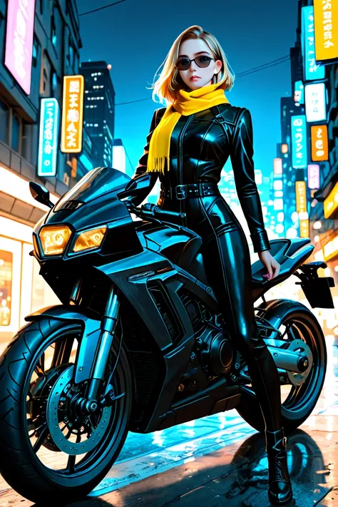 narrow sunglasses、Pretty Girl Android 、full-body black leather rider suit、long yellow scarf、Dagger in left hand、Bike、 night view