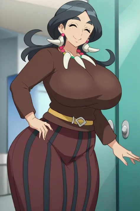 milf,score_9, score_8_ up, score_7_ up,Drasna,eyes closed,black hair,mature woman,necklace,Yellow Belt, Vertical striped skirt, Brown shirt, Long Sleeve,thick eyebrows,solo,alone,smile,Big Breasts ,big ass,whole body,(huge juicy breasts:1.2),looking at vie...