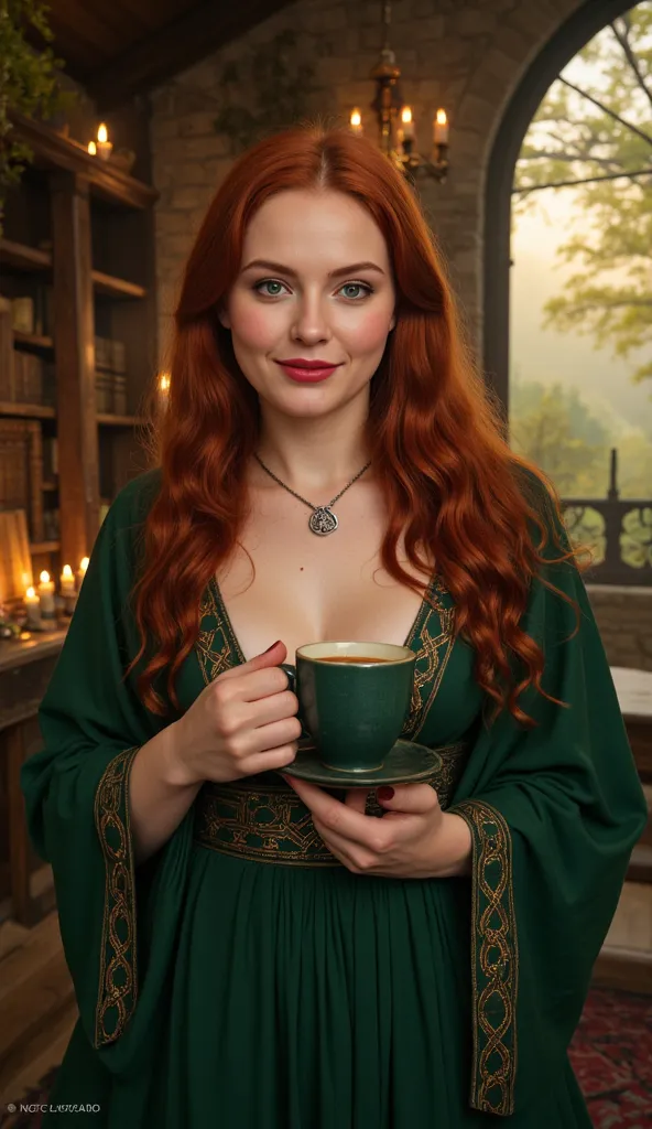 "A Celtic witch in her early 30s, with long, flowing red hair cascading over her shoulders, holding a steaming cup of coffee with both hands and smiling softly. Her piercing green eyes shimmer with wisdom and mystery, framed by delicate freckles on her fai...