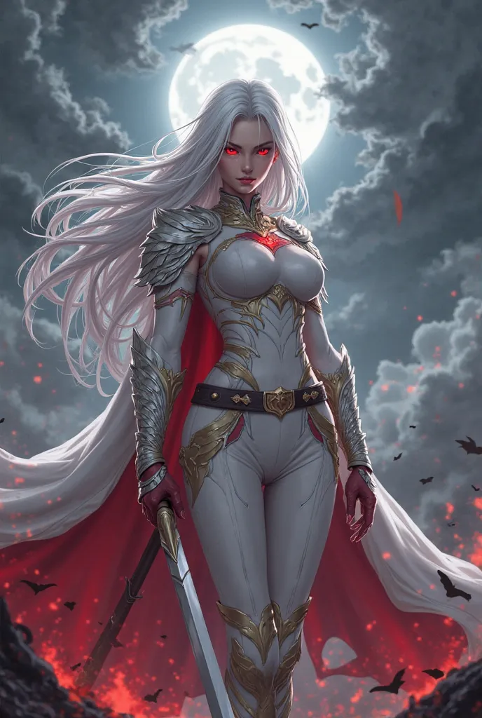  Amira, The Half-Blood Seeker, 4K anime style quality, digital drawing mode, a mysterious half-demon, half-angel warrior with long flowing white hair and striking red eyes, wearing a form-fitting white and red outfit, standing in a war-torn battlefield, wi...