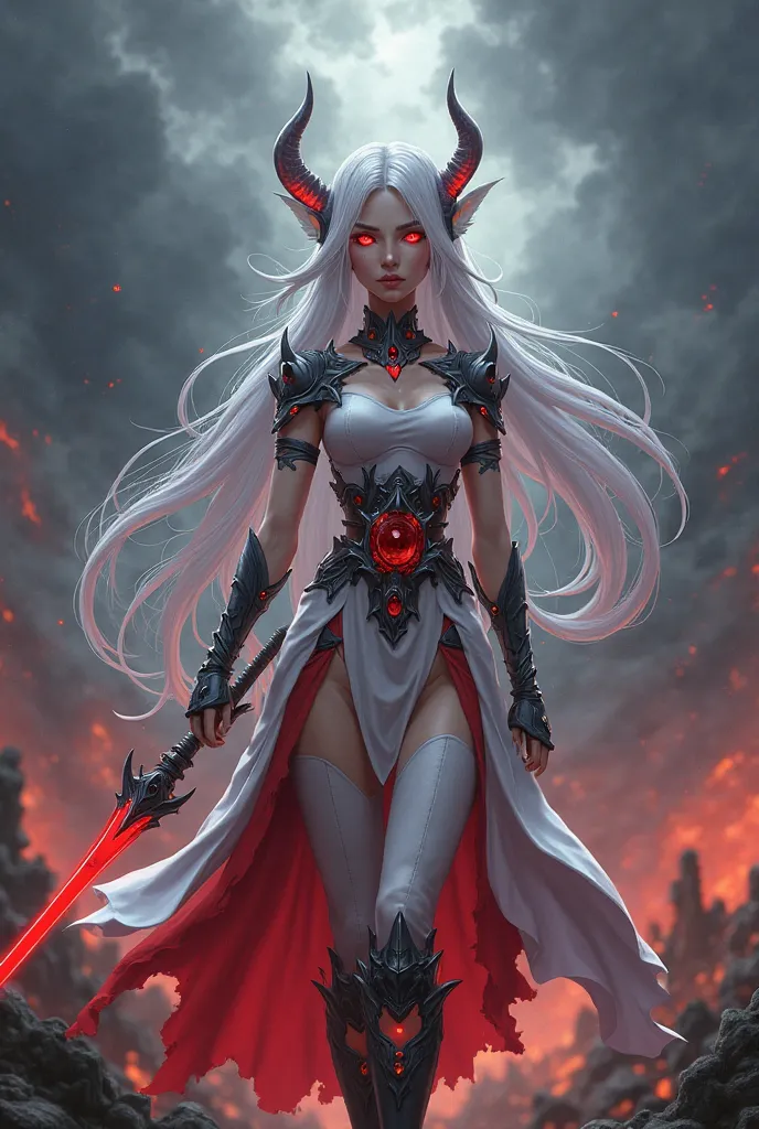  Amira, The Half-Blood Seeker, 4K anime style quality, digital drawing mode, a mysterious half-demon, half-angel warrior with long flowing white hair and striking red eyes, wearing a form-fitting white and red outfit, standing in a war-torn battlefield, wi...