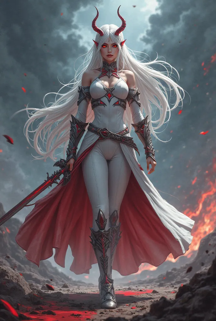  Amira, The Half-Blood Seeker, 4K anime style quality, digital drawing mode, a mysterious half-demon, half-angel warrior with long flowing white hair and striking red eyes, wearing a form-fitting white and red outfit, standing in a war-torn battlefield, wi...