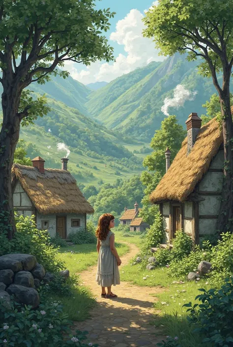 A peaceful village in Eldenwood surrounded by green hills and old forests, with small cottages and smoke rising from chimneys, standing a young girl