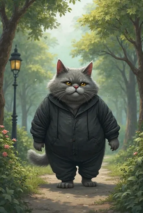 There is a fat gray cat looking like a fat man wear black short walk alone in a park feeling sad 