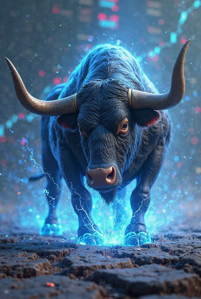 A hyper realistic bull with electrifying blue Bitcoin emerging from a crack in the ground accompanied by trading charts everywhere