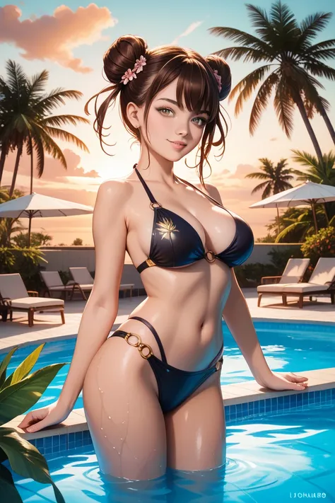  brown hair　two side up　black bikini　 pool　Big Breasts