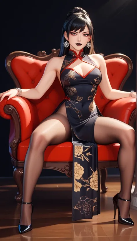 Super Detailed image of gorgeous asian woman, wearing sheer dress cheongsam,sheer skirt, Pantyhose, high heels, black lipstick, perfect make-up,  chocker, sitting in hall on a chair, spread leg, long straight hair, hair bang, octane render, sexy, striking,...