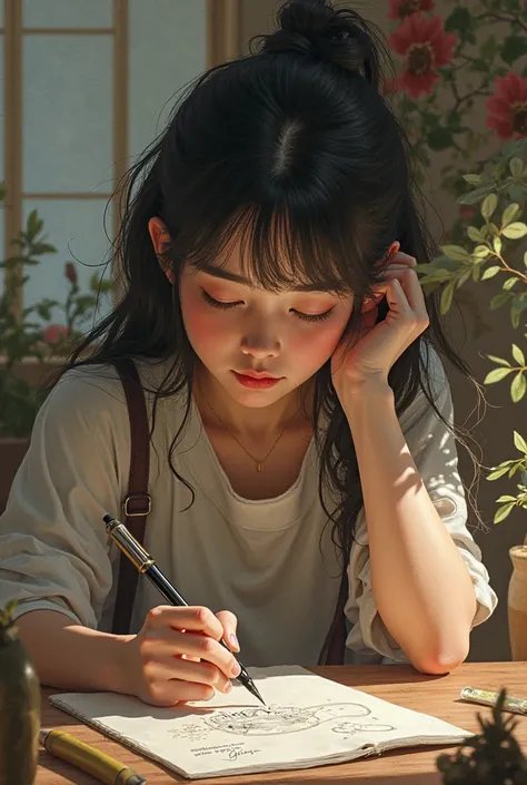 a girl sitting with a pen  hide face