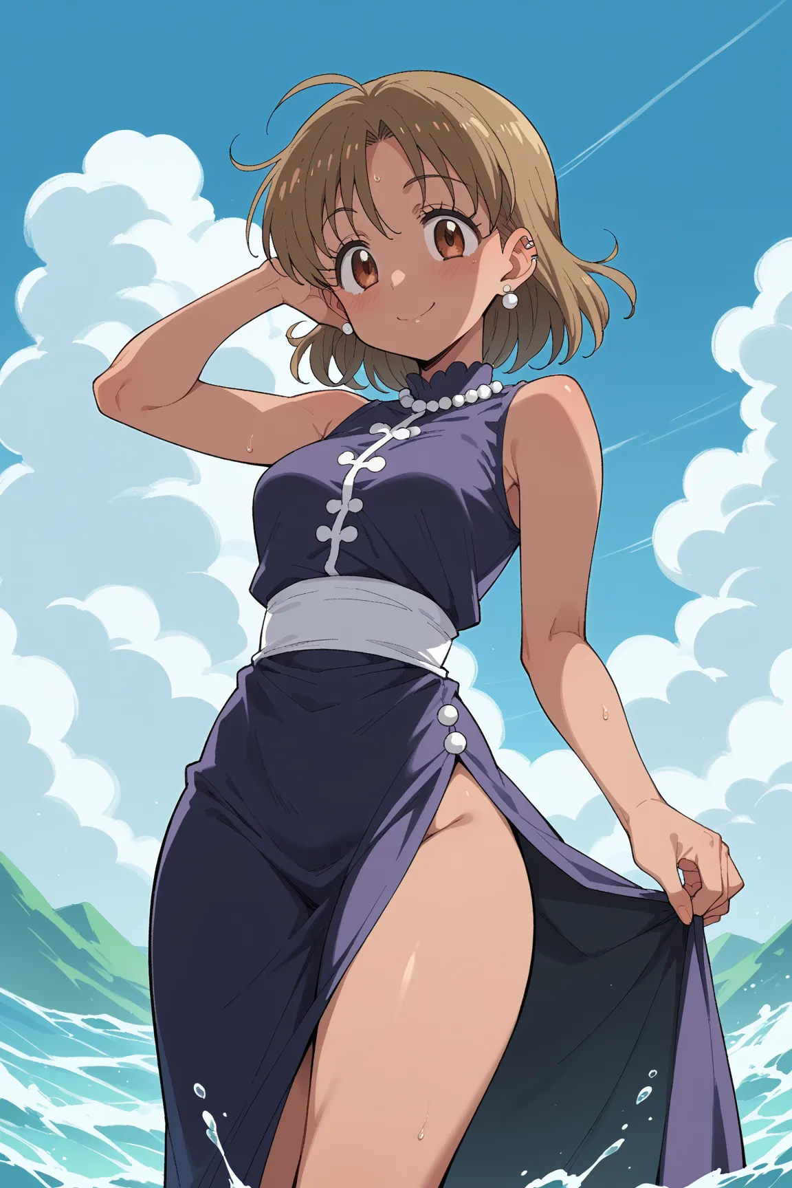 Style anime2D,(style nanatsu no taizai:1.5),An 18-year-old woman with soft features and piercing eyes, dressed in a tight dress that highlights her natural curves. Her brown hair falls in soft waves over her shoulders, and her face is illuminated by a myst...