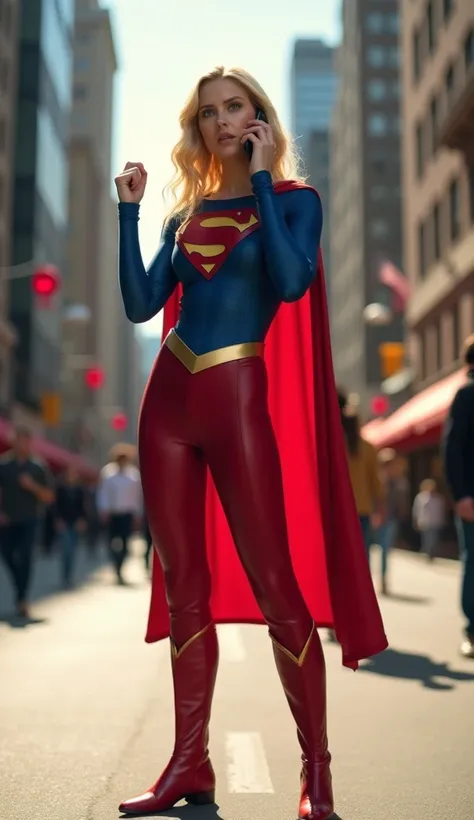 Supergirl superhero character in a detailed urban setting.

The character wore a red and blue costume with an S emblem on her chest wearing red pants with long blonde hair and long red shoes like the famous supergirl, standing while calling someone with a ...