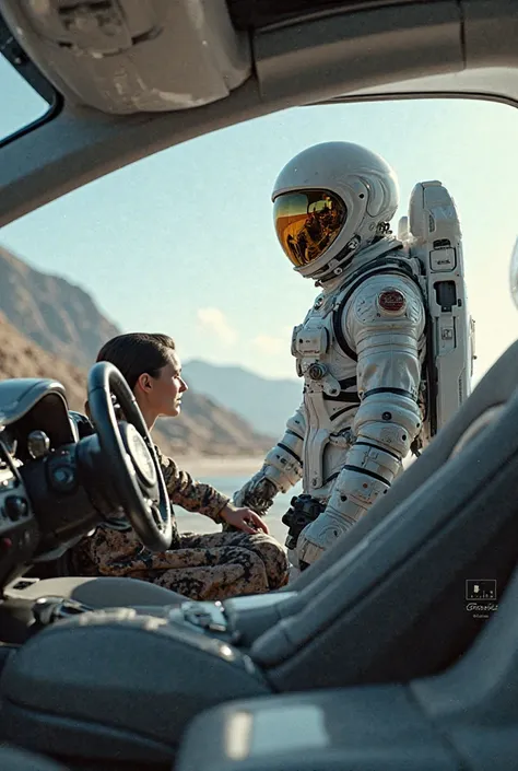 A man wearing a spacesuit and his earthly friend in a luxury car