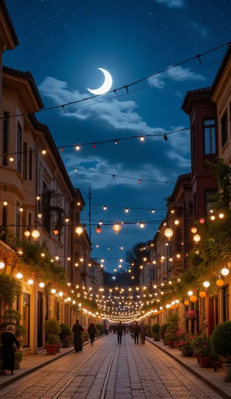 Une belle ville musulmane illuminée par un croissant de lune brillant dans le ciel nocturne. Des lanternes traditionnelles (fanous) décorent les rues, et les mosquées sont magnifiquement éclairées, créant une atmosphère spirituelle et paisible.