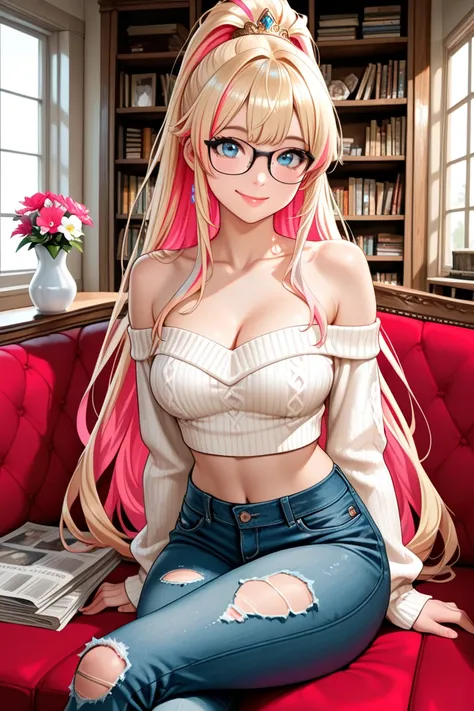 masterpiece, best quality, princess, kawaii, cute// 1girl, solo, breasts, looking at viewer, smiling, happy, very long hair, high ponytail, blue eyes, black rimmed glasses, blond hair, cleavage, bare shoulders, midriff, jewelry, medium breasts, sitting_dow...