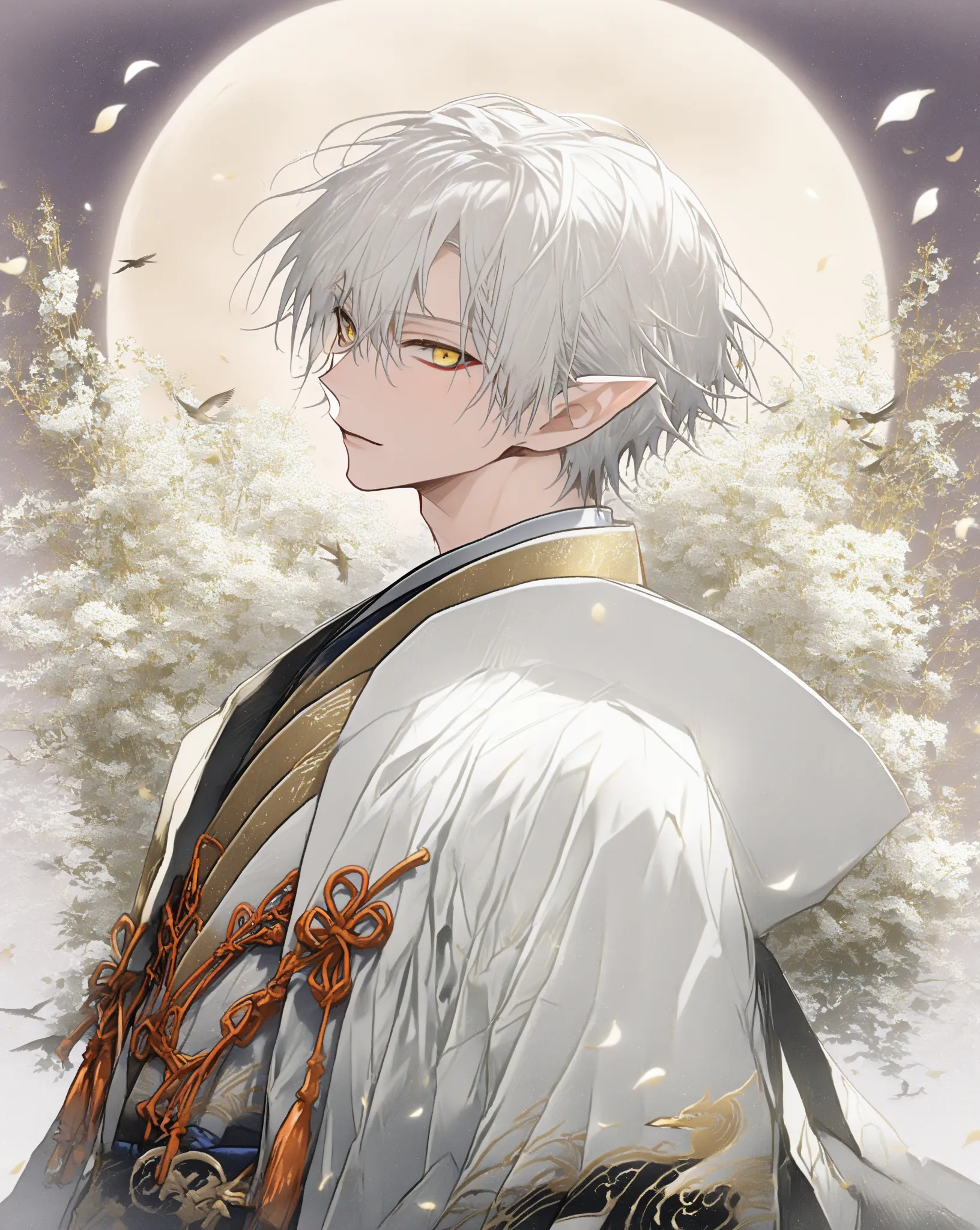 1 boy, tsurumaru kuninaga(Touken Ranbu),ikemen,(((white short hair))),Pointy hair, The front hair is gathered in the center ,golden eyes,white clothes,fur ,(((upper body))),(((Background design))),((( Flowers))), birds,(((moon))),petals,clowd, Classical Ja...