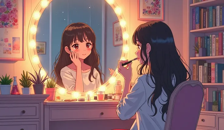 90s anime art style image, of an 18 year old girl getting ready and putting on makeup in her aesthetic bedroom.