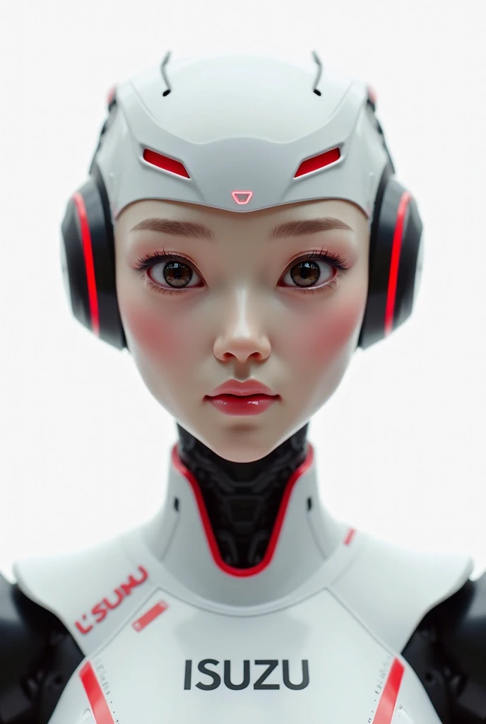 Women Mecca Robot, a combination of white, red and black, It says (ISUZU) on the chest, White background, Very realistic, finest details, very natural, cinematic, Have a friendly face, Front look, The robot will be the mascot of a company called ISUZU, Cam...