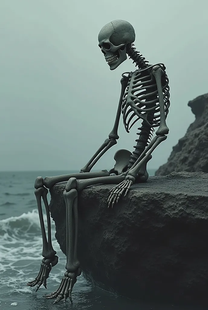 A skeleton on the edge of an island sitting with his legs floating