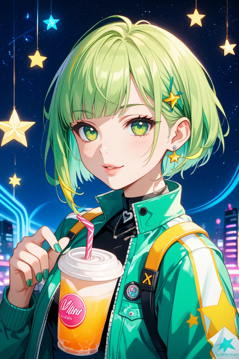 A highly stylized anime-style,cyber fashion, illustration of a young girl with vibrant limegreen and green hair, accentuated by bright yellow streaks. limegreen nail, Her lips are a limegreen. Her hair is adorned with colorful accessories, including flower...