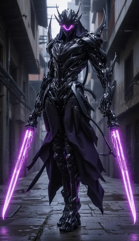 Slim robot with ninja design, purple eyes glowing, and plasma blades on both arms, still maintaining black and purple