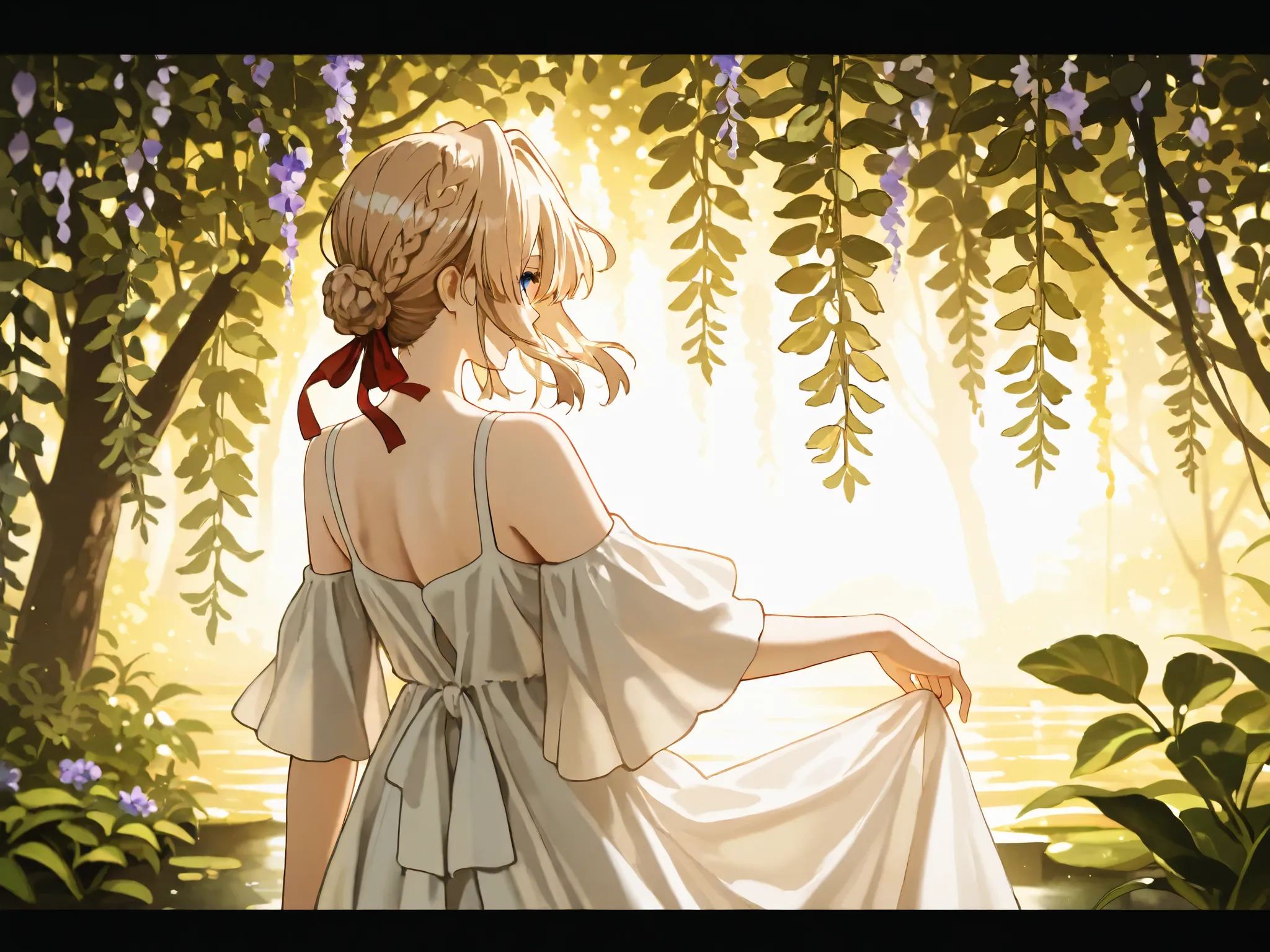 masterpiece, best quality, amazing quality, from_side, 1girl, Violet Evergarden, walking, landscape, ocean background, highres, absurdres