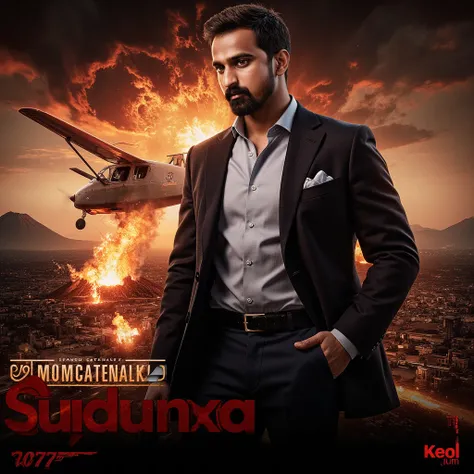 The image is a James bond movie poster for \"Shinde\" featuring the megastar Sagar Shinde. The poster has a , Action  background with the  fighter plan and volcano , suggesting an action or thriller genre.