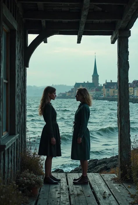 In front of us is a cool, windy coastal landscape, the sea shimmers in dark blue and green tones. The waves beat evenly against the rocky coast. In the background the old towers and roofs of Tallinn rise up. Under the wooden roof of a simple wooden veranda...