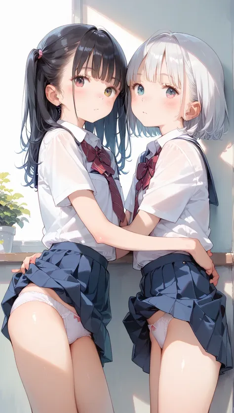 High Res Images ,  masterpiece  , Top Quality,  girls on the left,  cute face ,  white skin, shiny hair, ultra-detailed eyes sandwiched between columns,  school classrooms,  pull clothes ,  panties,  skirt, standing