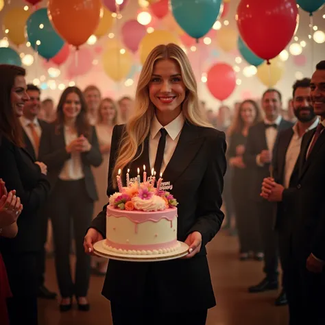 Fashion editoral photo image of gray smoke and that depicts my realism A beautiful girl with long blonde hair in a black suit and white shirt and tie stands in a room full of happy guests while holding a large two-tiered birthday cake filled with colorful ...