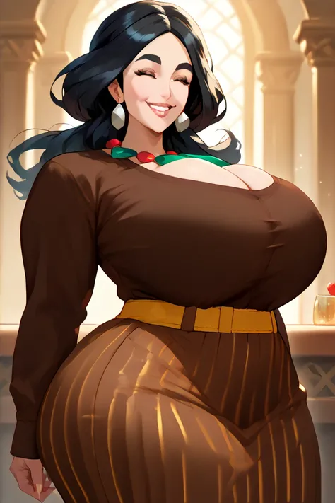 milf,score_9, score_8_ up, score_7_ up,Drasna,eyes closed,black hair,mature woman,necklace,Yellow Belt, Vertical striped skirt, Brown shirt, Long Sleeve,thick eyebrows,solo,alone,smile,Big Breasts ,big ass,whole body,(huge juicy breasts:1.2),looking at vie...