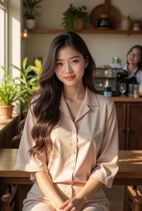 A cozy café bathed in warm morning sunlight, where a beautiful young Thai woman with long, flowing dark brown hair and a radiant, graceful presence sits by the window. She is elegantly dressed in a soft, pastel-colored outfit, Wear a shirt with a very wide...