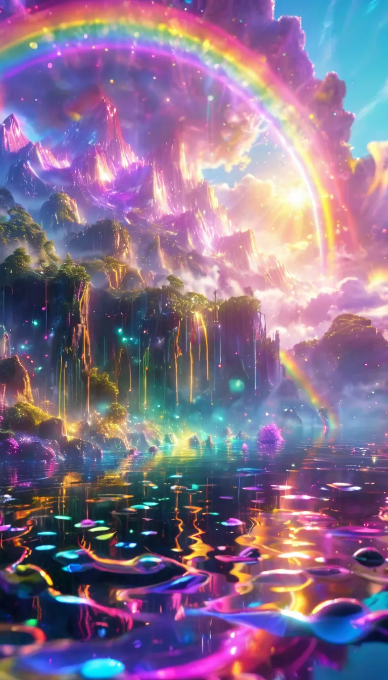 全体の虹色を強調します ,Iridescent、Distant view of the lake,Super cute slime,Reflected Light, colorful bubbles ,,Ultra High Definition,Highest quality,soft lighting,  fantasy style, Brilliant colors highlight the entire rainbow colors of the world after 30 years,16k,...