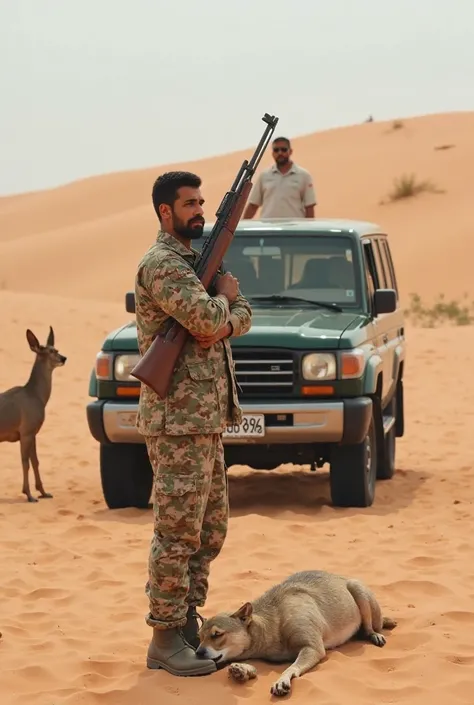 A man in the desert carries a Kalashnikov rifle folded behind high sand dunes, a Saluki hunting dog and a dark green Toyota Land Cruiser model 1997. The car registration plate is Libya Benghazi 356896 in white. In front of the man is the body of a deer. Th...