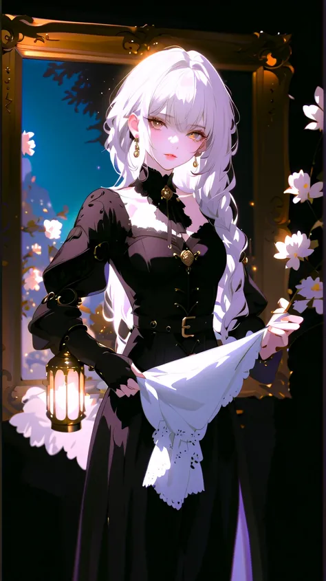 ((Skin fold))((adult female))      shot(lithe frame)Young woman, likely Asian, with short, silvery-white hair,  wearing a(black lace-trimmed maid's dress with a cream-colored)floral-patterned underskirt.  The dress has a low-cut neckline and spaghetti stra...