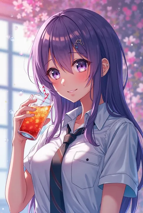 anime - style image of a woman with purple hair and a tie, an anime drawing by Eizan Kikukawa, trending on pixiv, shin hanga, 2 d anime style, bubbly scenery, handsome anime pose, hajime yatate, anime boy, dreamy psychedelic anime, soda themed girl, rei hi...