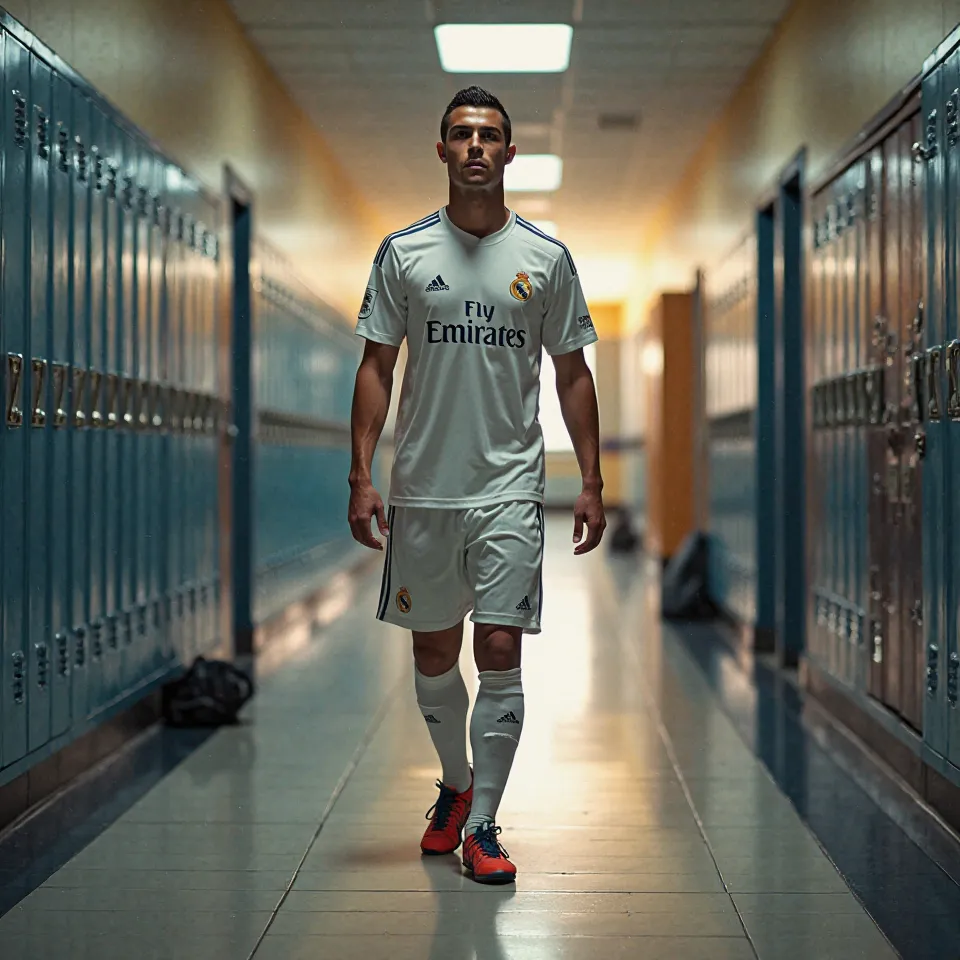  Ronaldo is alone in an American school hallway, wearing a Real Madrid jersey and looking at us. Dynamic and joyful colors but realistic 