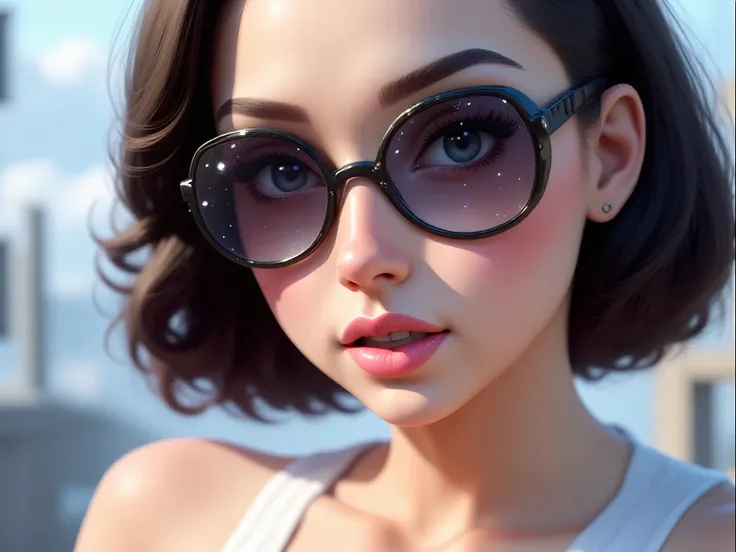 The model is wearing glass sunglasses with stars and the moon on the glass