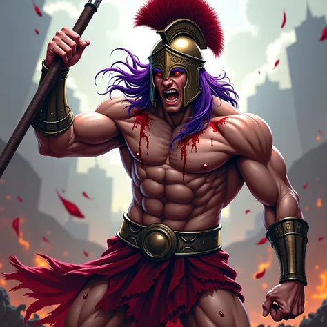 (best quality,4k,8k,highres,masterpiece:1.2),ultra-detailed, 1man, Greek God Ares, Purple hair, red eyes, in a loin cloth, wearing a greek hoplite helmet, on a battlefield, posed in battle, splattered with blood, screaming with rage, drawn in the style of ...