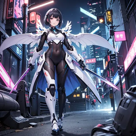 solo1.8、Stylish anime-style illustrations、flight、 grown up、a cool and cute woman with a super electromagnetic cannon motif、Slightly Sexy Purple, Black, and White Sci-fi Battle Bodysuit and Light Armor、 emerald green aggressive eyes 、Equipped with an energy...