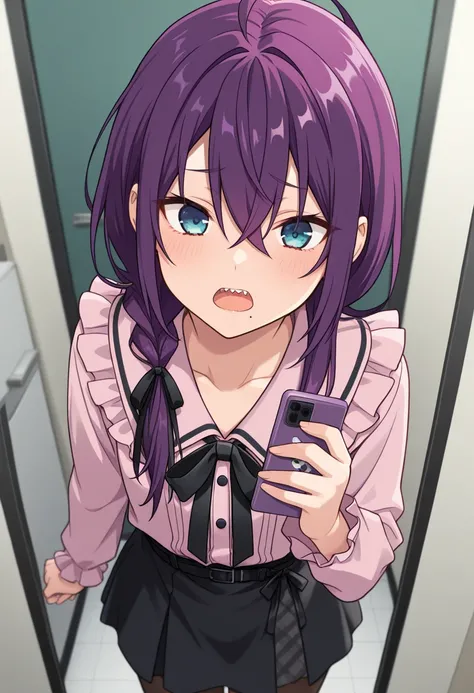 masterpiece, best quality, 
mayoi, 1girl, solo, purple hair, twintails, pigtails, long hair, ahoge, hair between eyes, hair over shoulder, ribbon, hair ribbon, blue eyes, mole, mole under mouth, jirai-kei, pink blouse, black dress, black stockings, phone, ...