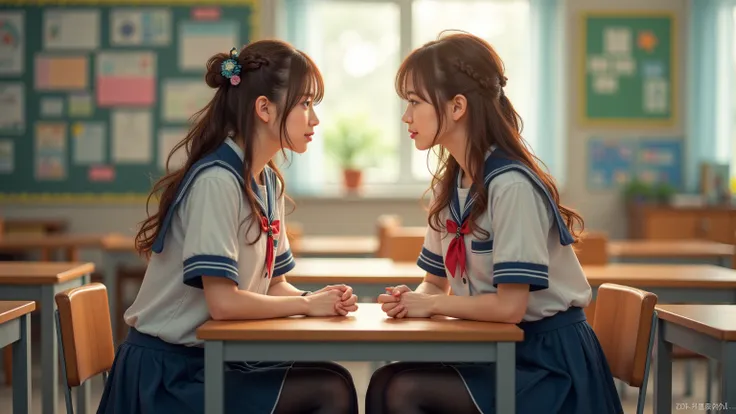 [no animation] 2 asian lesbians about 20-25, at work (1 x Japanese uniform with two-trained hair, Blonde (no stocking), 1 x Korean uniform with brown hair (black stockings)).  they meet at work at a school in a classroom, they love each other.