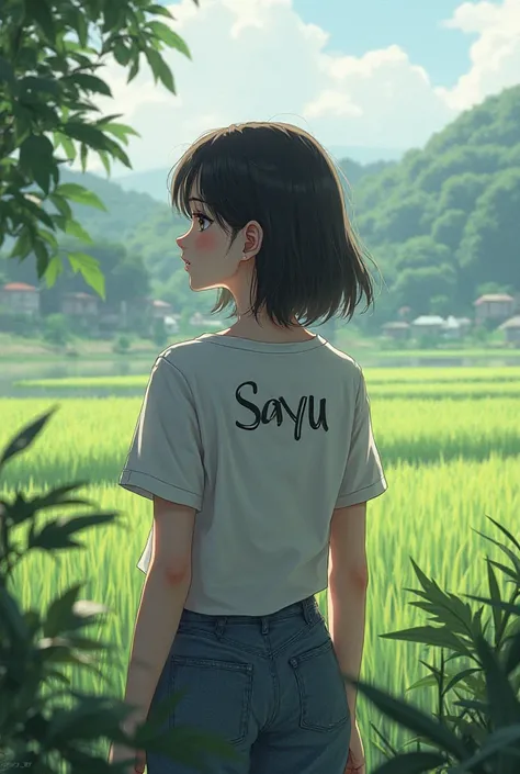 A beautiful girl is watching of  paddy and her back side of t shirt has named as "sayu"she is in a  near to the beutiful river.