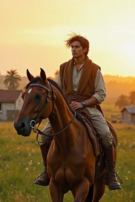 A small village with green fields, a young man (Adeel) standing beside his strong brown horse (Sultan), both looking at the sunrise.
Adeel riding Sultan through open fields, the wind blowing through his hair, with a determined expression on his face.