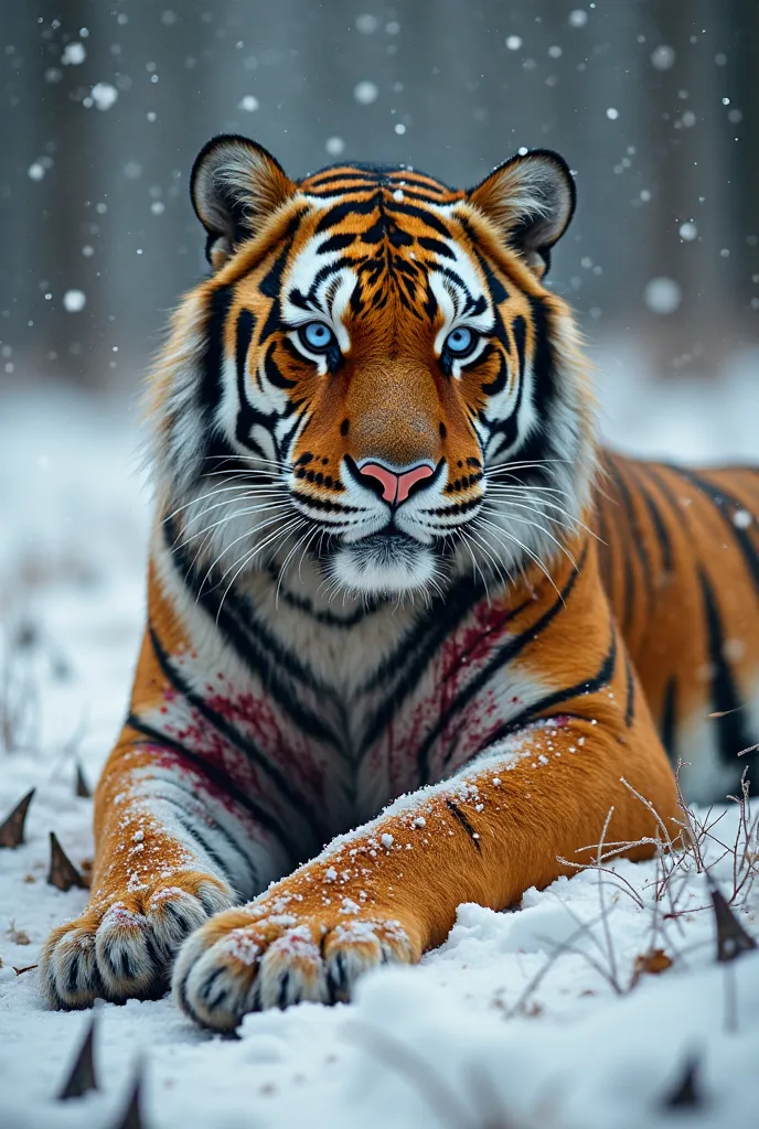 **Prompt:** *A powerful but injured tiger lying in the snow, surrounded by a cold, wintery forest. The tiger has golden and white fur with striking black stripes and piercing blue eyes. Its body is covered in deep wounds, with blood seeping from large gash...