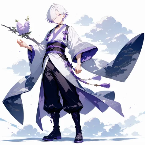 masterpiece, high score, great score, absurdres,
1boy, sranding,male focus, 20-yo, クモイエイテル, full body, toned,twink,white hair, side-parted, lilac highlights, hair over one eye,purple eyes, single purple earring,BREAK avant-garde japanese clothes,black chok...