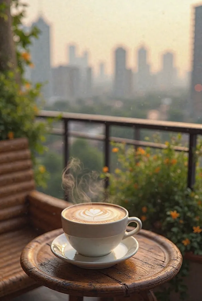 Create a good morning image, cappuccino in the cup, on the balcony of a building 