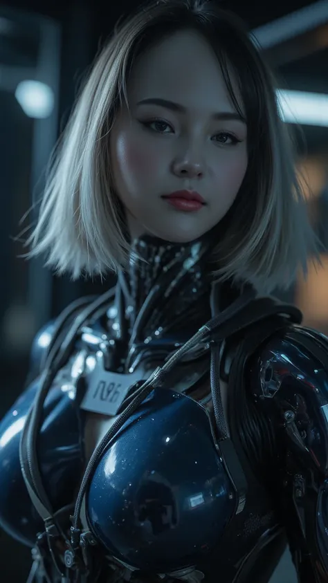 in the style of ck-ncr, in the style of ckcc, female sci-fi android warrior, straight-cut bob, detailed white ceramic robot face, dark eyeshadow, red lips, robot joints and cables, dark blue reflective armour, dark background, bokeh, side view, restrained ...