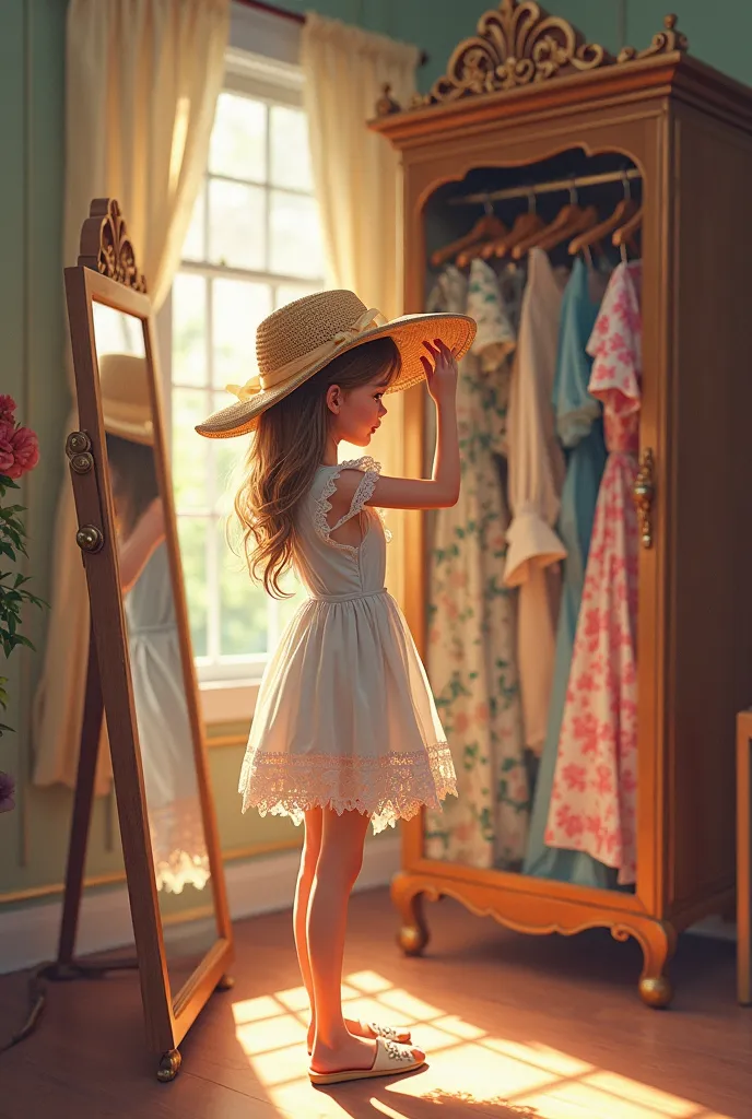 An  girl tries on a beautiful hat in front of the mirror, the room has a beautiful wardrobe with sundresses